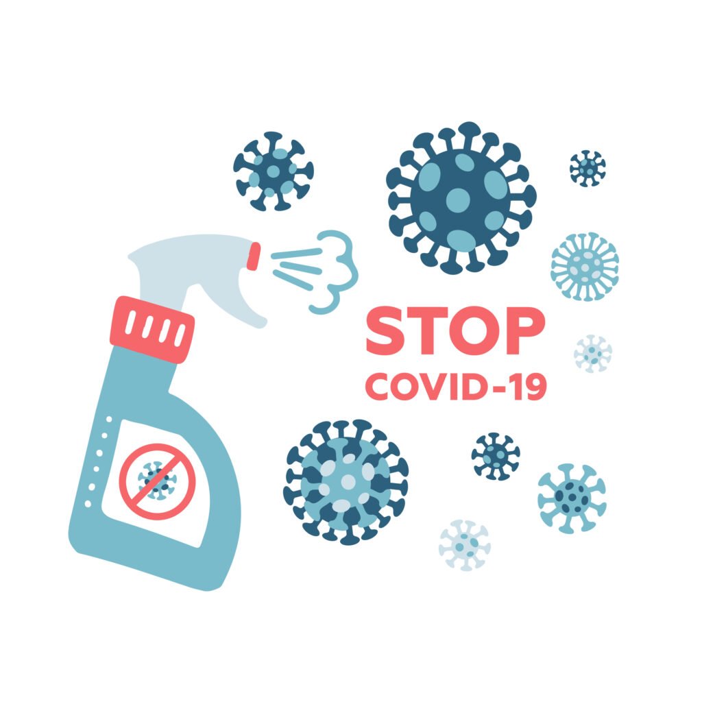 MERS-Cov, COVID-19, Novel coronavirus, 2019-nCoV, virus being killed by spray, disinfectant solution. Stop Covid-19